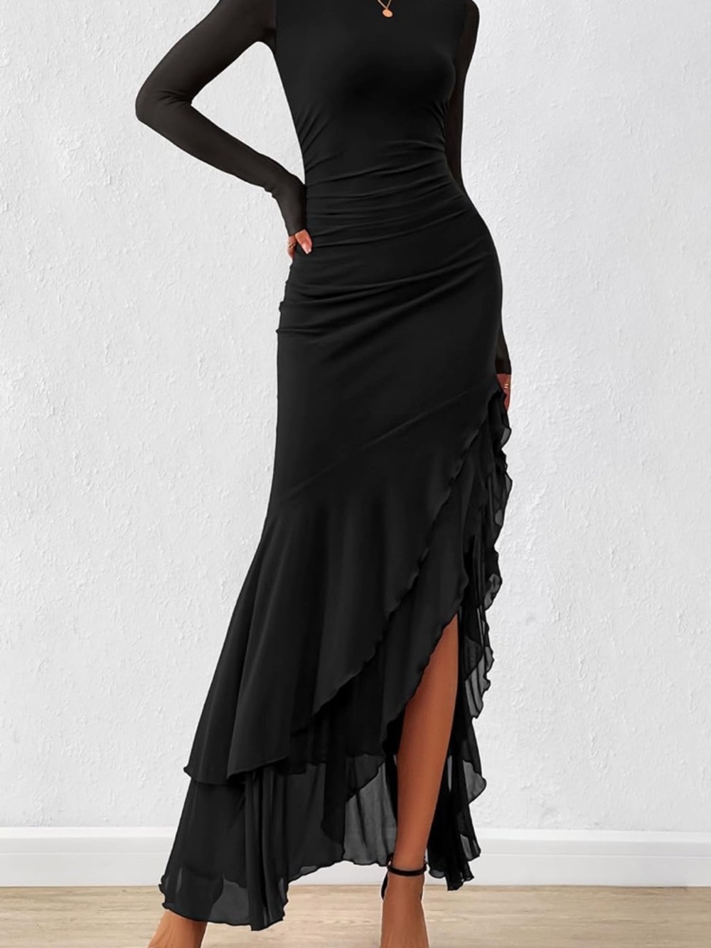 Elegant Black Ruffled Asymmetric Maxi Dress